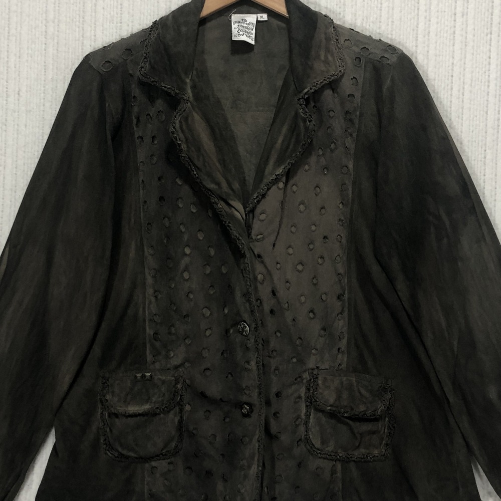 Parsley & Sage Olive Green Distressed Eyelet Button Front Jacket XL